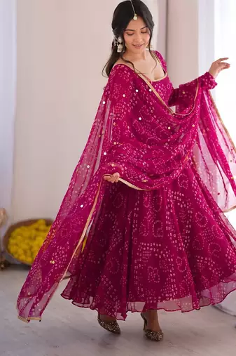 Rani pink bandhani printed georgette anarkali kurta pant with dupatta set for women