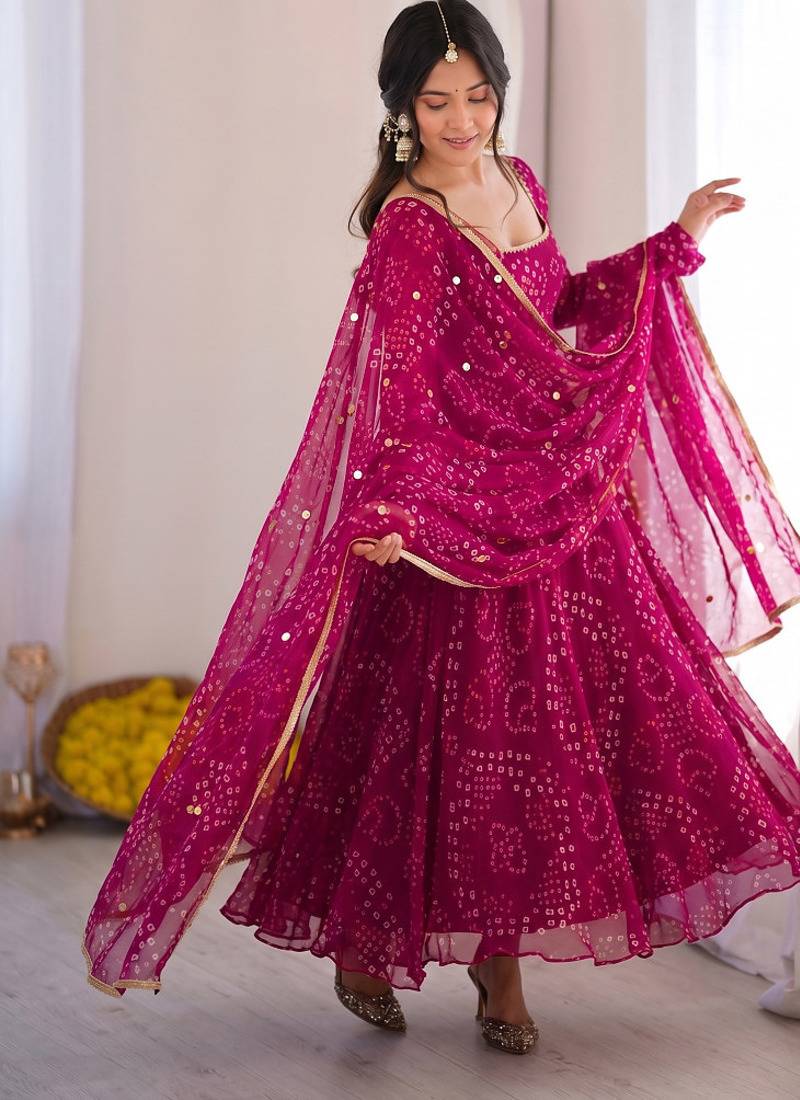 Rani pink bandhani printed georgette anarkali kurta pant with dupatta set for women