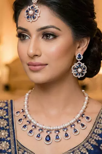 Blue rose gold premium designer american diamond and stone work necklace set