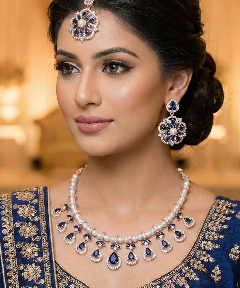 Blue rose gold premium designer american diamond and stone work necklace set