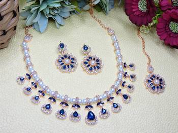 Blue rose gold premium designer american diamond and stone work necklace set 2