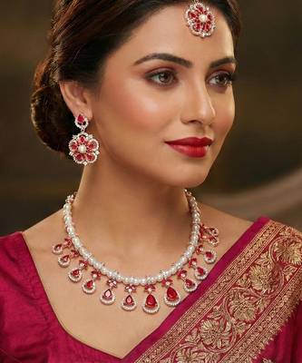 Pink rose gold premium designer american diamond and stone work necklace set 1