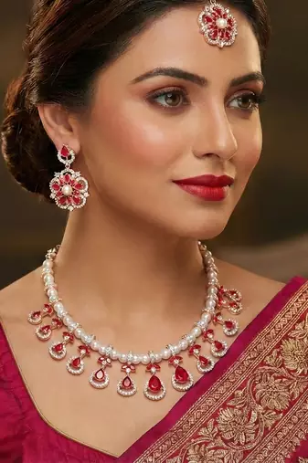 Pink rose gold premium designer american diamond and stone work necklace set