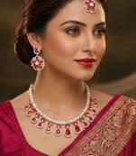 Pink rose gold premium designer american diamond and stone work necklace set
