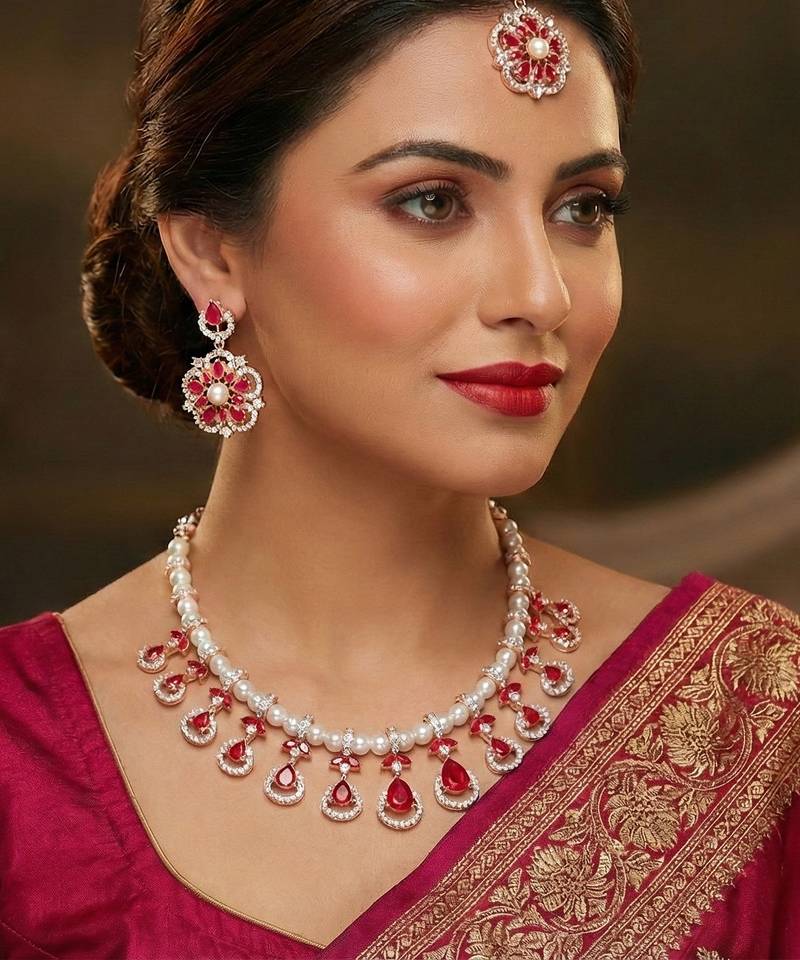 Pink rose gold premium designer american diamond and stone work necklace set