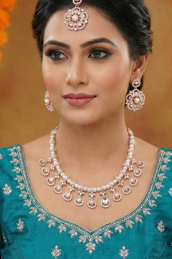 White rose gold premium designer american diamond and stone work necklace set