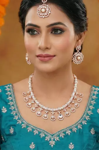 White rose gold premium designer american diamond and stone work necklace set