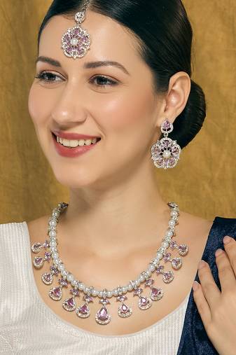 Purple rhodium premium designer american diamond and stone work necklace set