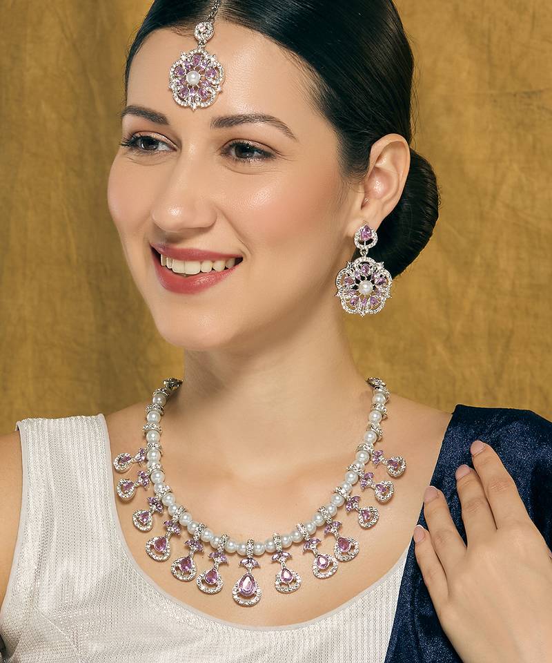Purple rhodium premium designer american diamond and stone work necklace set