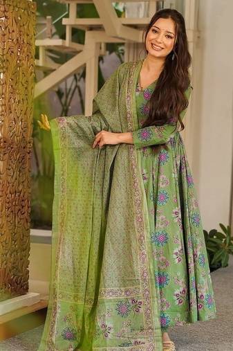 Green maslin digital printed wedding party festival casual ready anarkali palazzo pant salwar kameez
