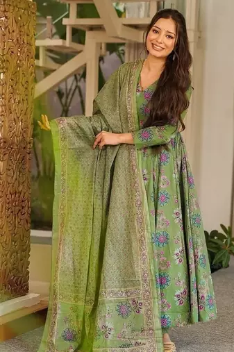 Green maslin digital printed wedding party festival casual ready anarkali palazzo pant salwar kameez