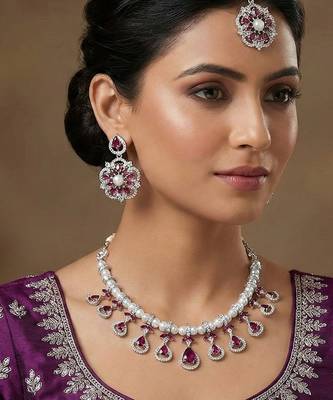 Purple rhodium premium designer american diamond and stone work necklace set 1