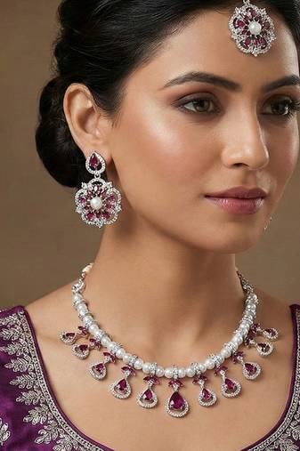 Purple rhodium premium designer american diamond and stone work necklace set