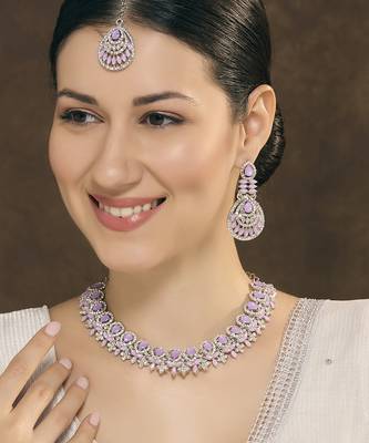 Purple rhodium premium designer american diamond and stone work necklace set 1