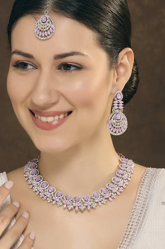 Purple rhodium premium designer american diamond and stone work necklace set