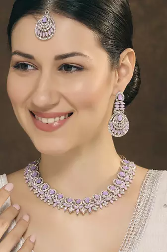 Purple rhodium premium designer american diamond and stone work necklace set