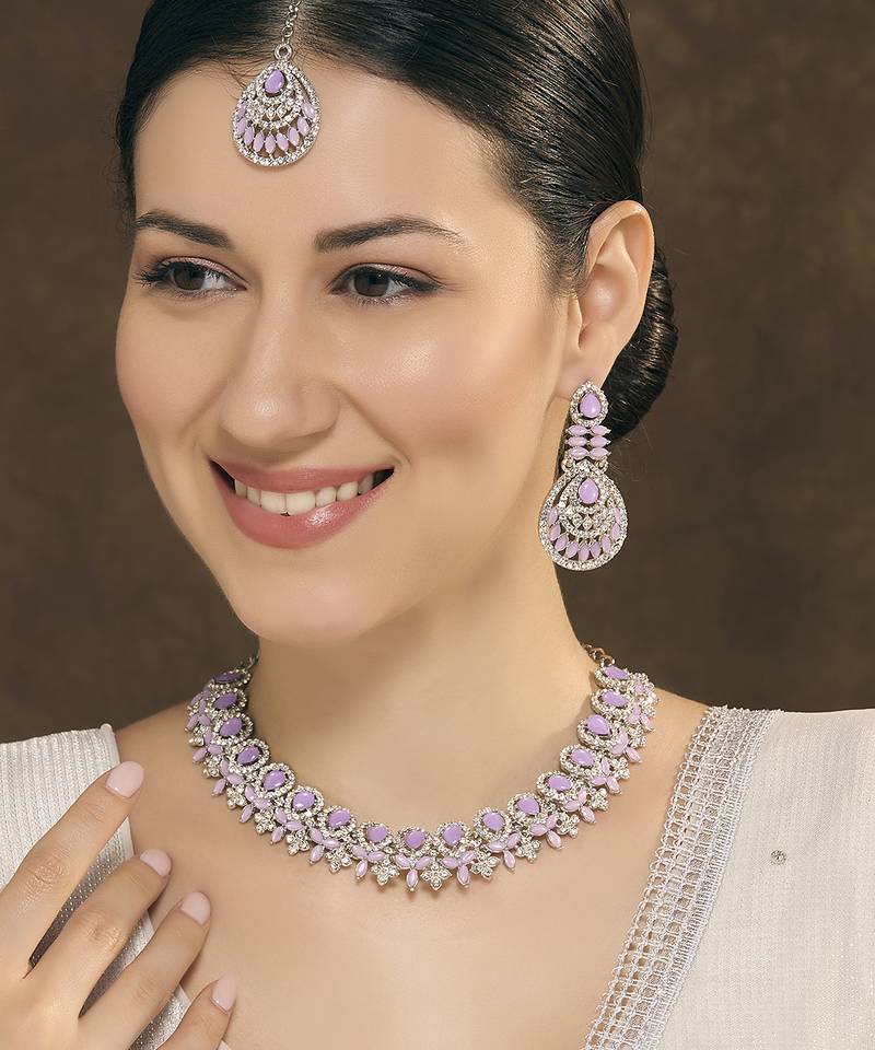 Purple rhodium premium designer american diamond and stone work necklace set