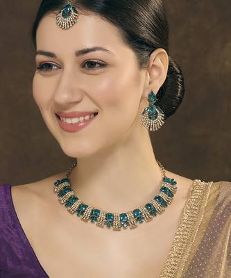 Green yellow gold premium designer american diamond and stone work necklace set 1