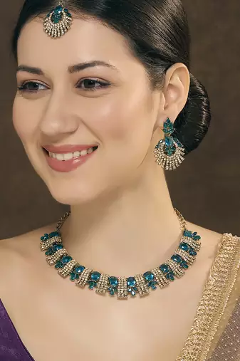 Green yellow gold premium designer american diamond and stone work necklace set