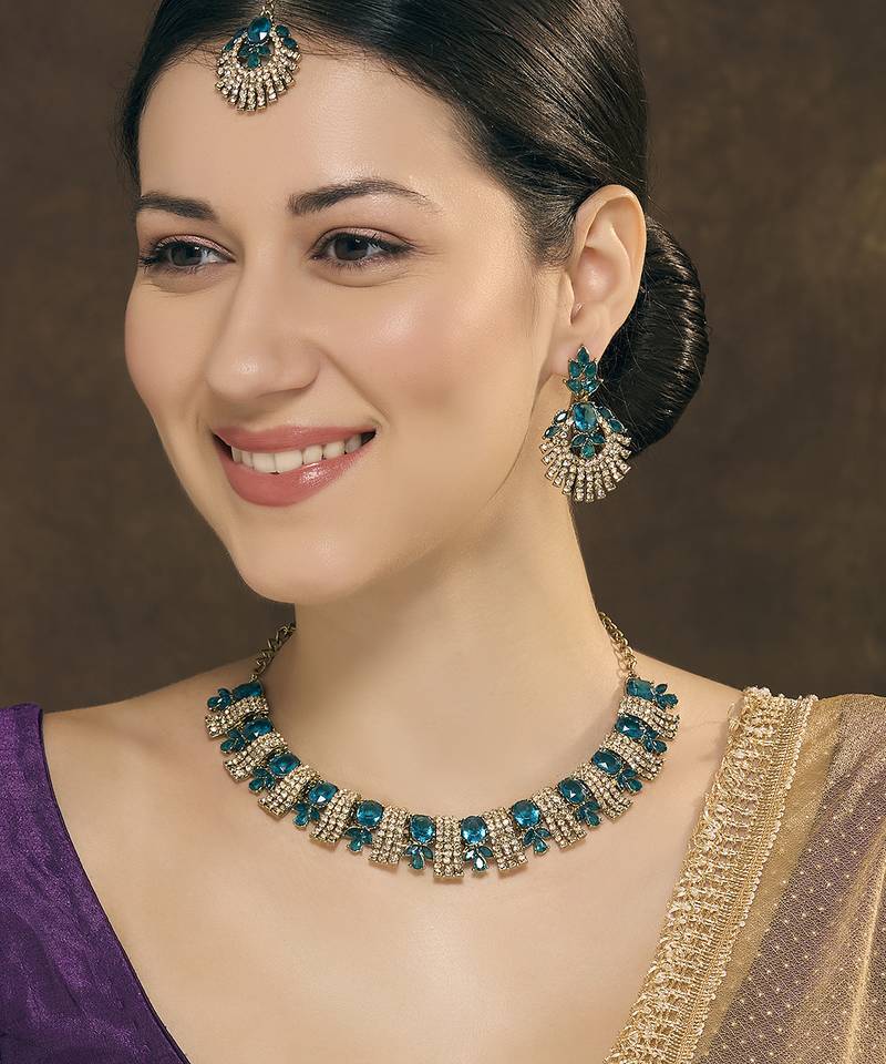 Green yellow gold premium designer american diamond and stone work necklace set
