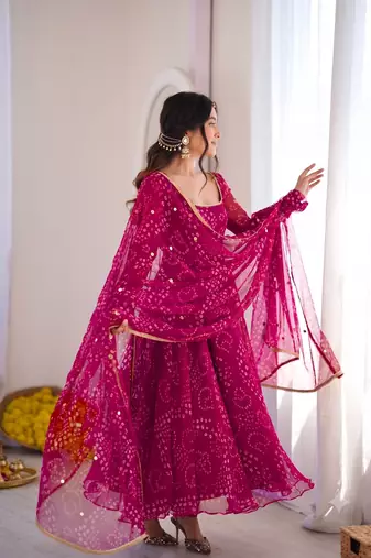 Rani pink bandhani printed georgette anarkali kurta pant with dupatta set for women