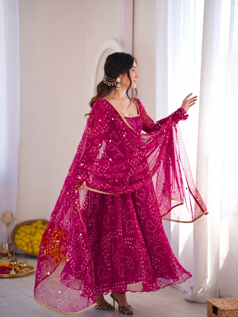 Rani pink bandhani printed georgette anarkali kurta pant with dupatta set for women