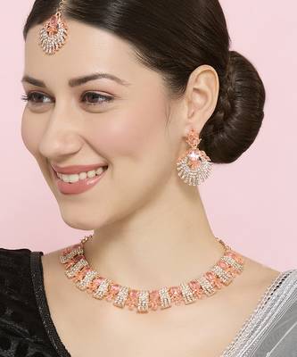 Pink rose gold premium designer american diamond and stone work necklace set 1
