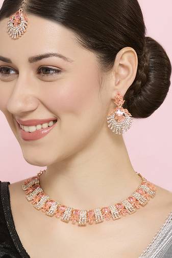 Pink rose gold premium designer american diamond and stone work necklace set