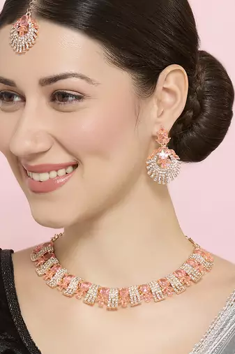 Pink rose gold premium designer american diamond and stone work necklace set