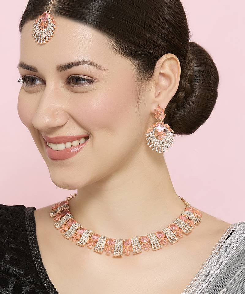 Pink rose gold premium designer american diamond and stone work necklace set