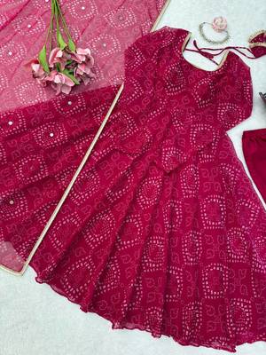 Rani pink bandhani printed georgette anarkali kurta pant with dupatta set for women 4