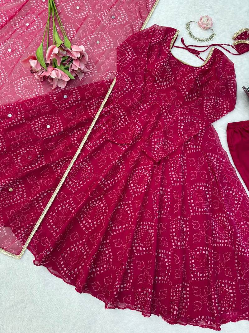 Rani pink bandhani printed georgette anarkali kurta pant with dupatta set for women