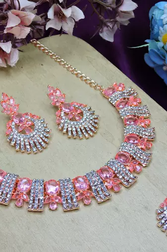 Pink rose gold premium designer american diamond and stone work necklace set