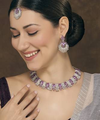 Purple rhodium premium designer american diamond and stone work necklace set 1