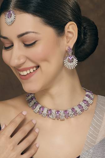 Purple rhodium premium designer american diamond and stone work necklace set