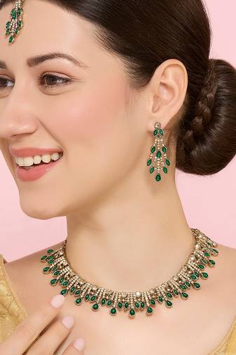 Green yellow gold premium designer american diamond and stone work necklace set