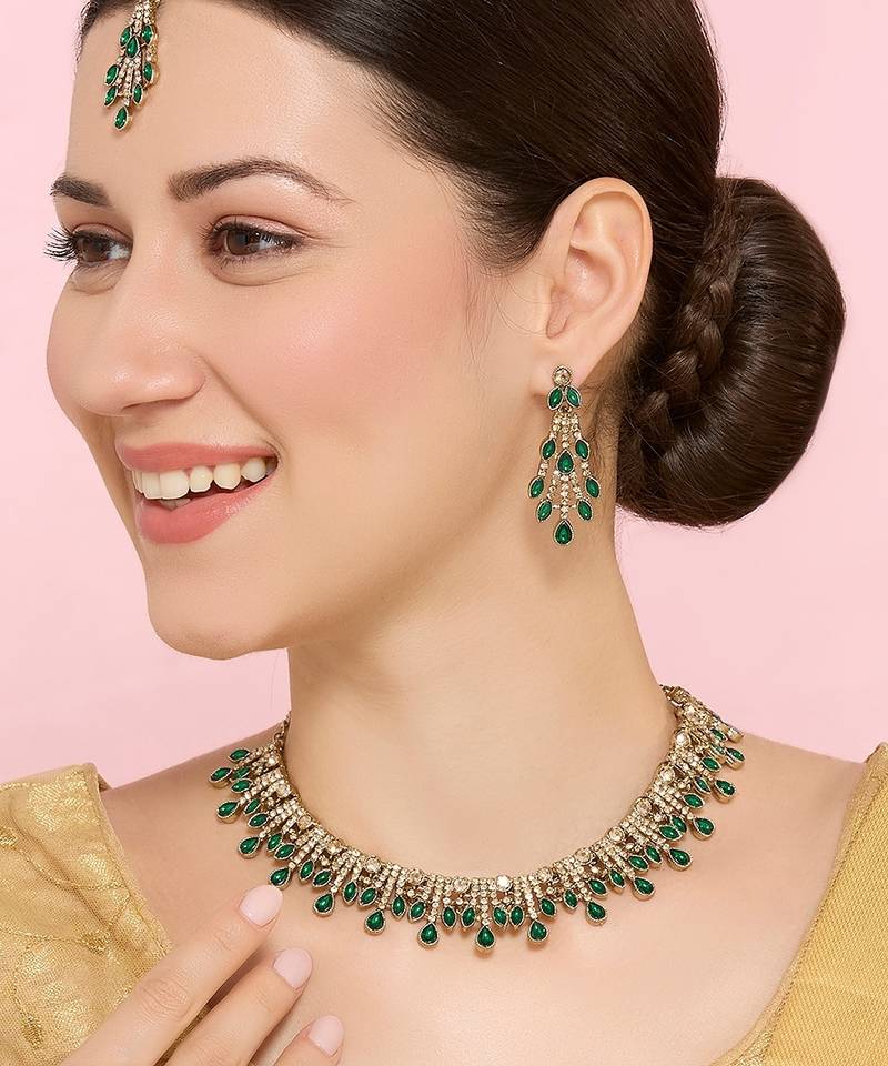 Green yellow gold premium designer american diamond and stone work necklace set