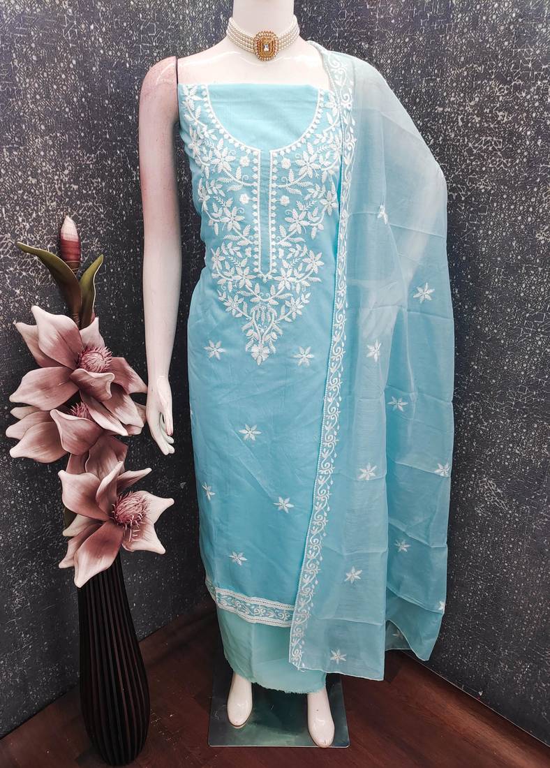 blue cotton poly embroidered dress material