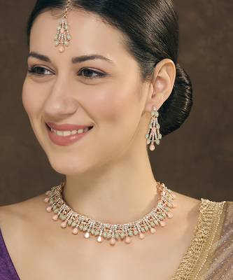 Green rose gold premium designer american diamond and stone work necklace set 1