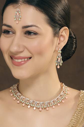Green rose gold premium designer american diamond and stone work necklace set