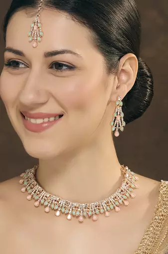 Green rose gold premium designer american diamond and stone work necklace set