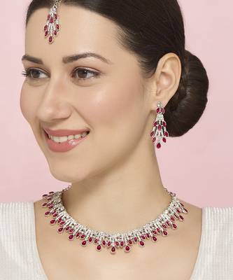 Pink rhodium premium designer american diamond and stone work necklace set 1