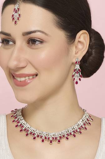 Pink rhodium premium designer american diamond and stone work necklace set