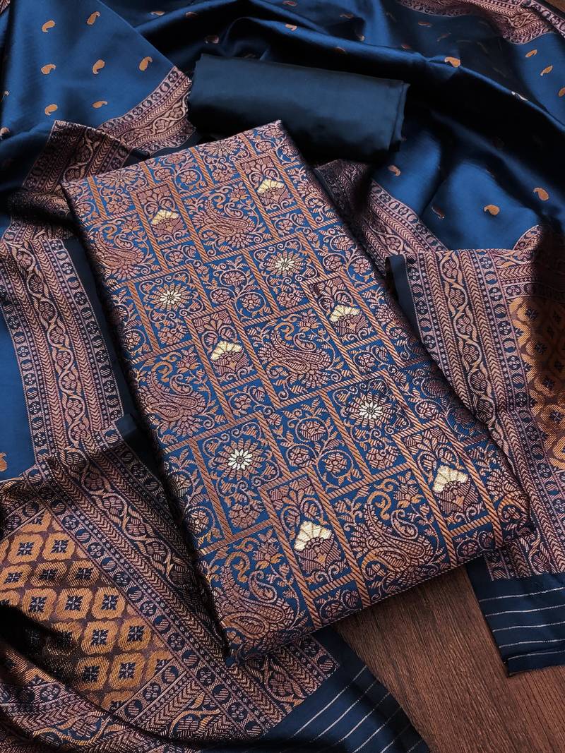 blue jacquard weaved dress material