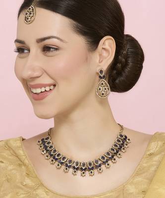 Blue yellow gold premium designer american diamond and stone work necklace set 1