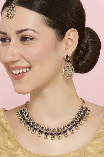 Blue yellow gold premium designer american diamond and stone work necklace set