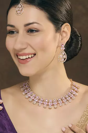 Purple rose gold premium designer american diamond and stone work necklace set