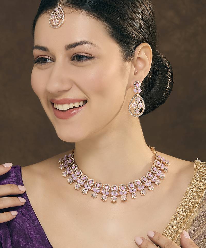 Purple rose gold premium designer american diamond and stone work necklace set