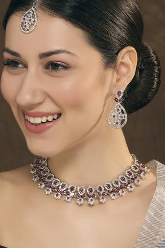 Purple rhodium premium designer american diamond and stone work necklace set