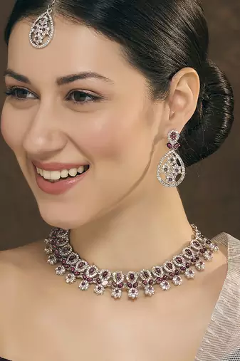 Purple rhodium premium designer american diamond and stone work necklace set